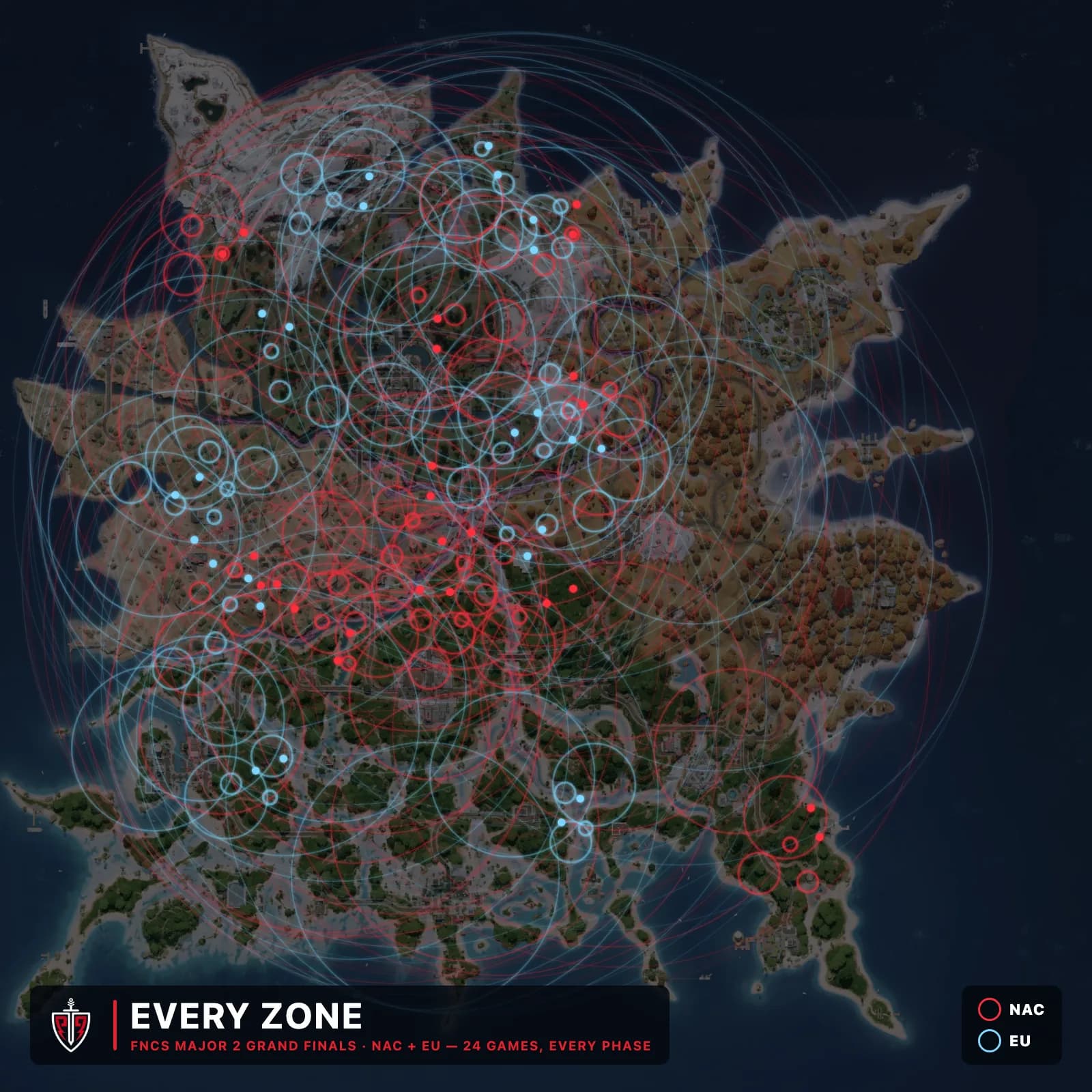 Every storm phase from all 24 games of the FNCS 2026 Major 2 Grand Finals overlaid on the Fortnite island